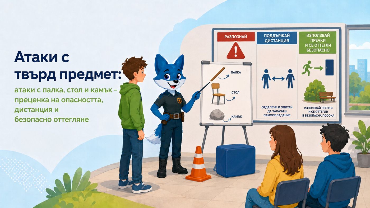 Илюстрация към темата „Атаки с твърд предмет“ — Разпознаване на опасност и безопасно оттегляне без ескалация.