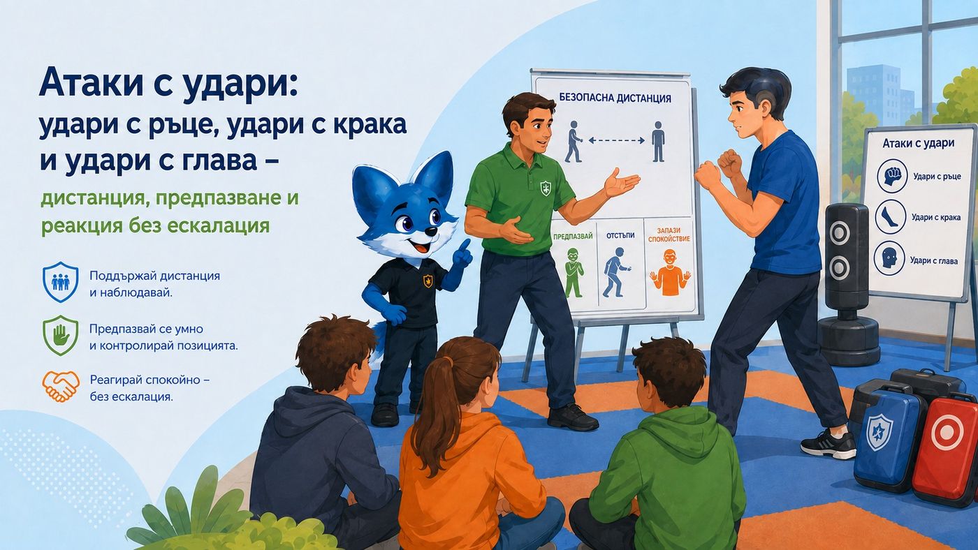 Илюстрация към темата „Атаки с удари“ — Как децата да пазят дистанция и да излязат от конфликтна ситуация.