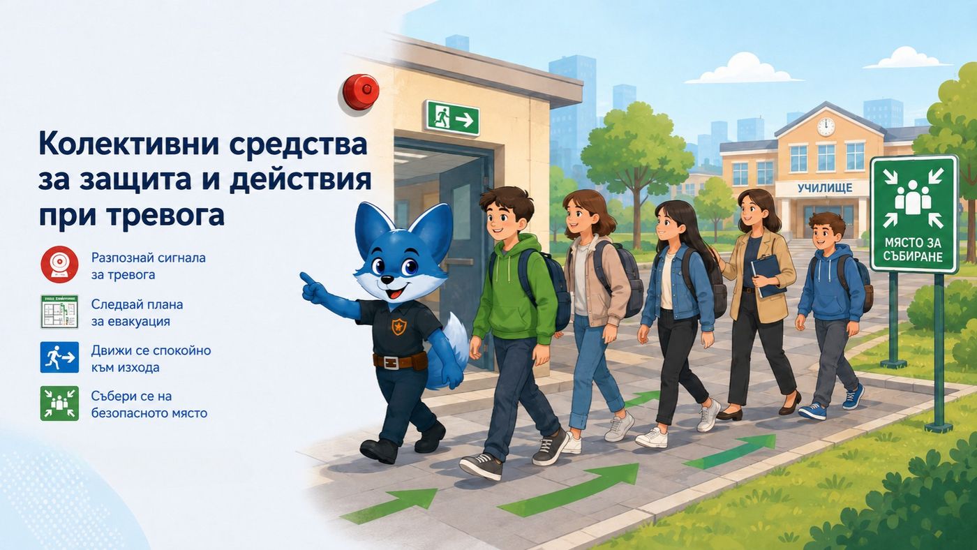 Илюстрация към темата „Колективни средства за защита и действия при тревога“ — Как групата да действа организирано при сигнал, евакуация или насочване към защитено място.
