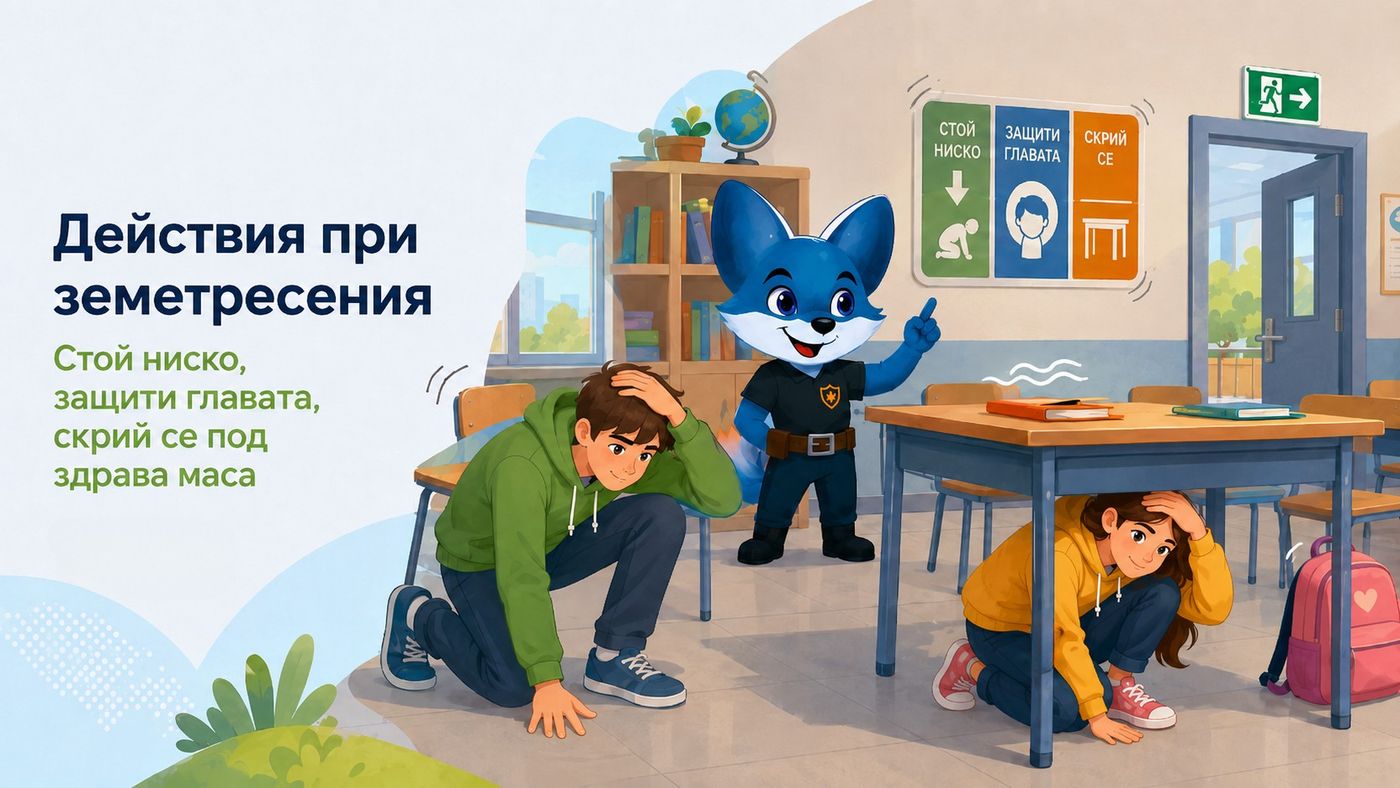 Илюстрация към темата „Действия при земетресения“ — Как децата да реагират в класна стая, у дома или навън при земетресение.