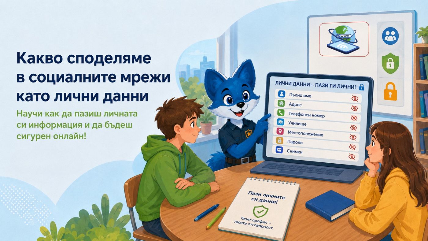 Илюстрация към темата „Лични данни и безопасно споделяне в социалните мрежи“ — Как децата да разберат какво не трябва да публикуват и защо личната информация е ценна.