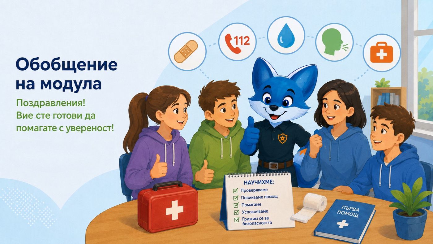 Илюстрация към темата „Обобщение на модула“ — Повторение на основните правила за първа помощ чрез спокойни практически ситуации.