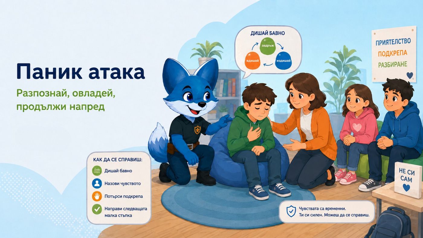 Илюстрация към темата „Паник атака“ — Разбиране на силната тревожност и подкрепящо поведение без осъждане.