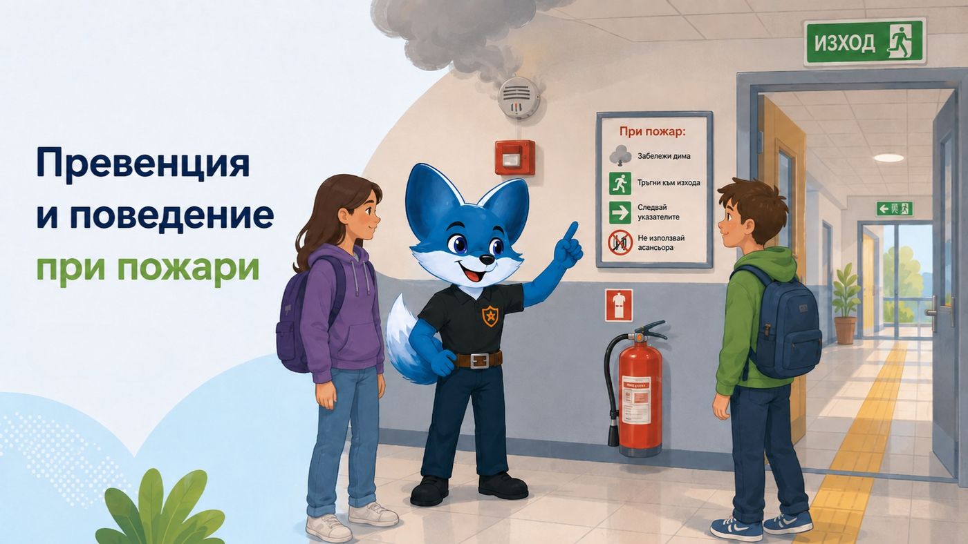 Илюстрация към темата „Превенция и поведение при пожари“ — Безопасно поведение, разпознаване на сигнализация и евакуация без паника.