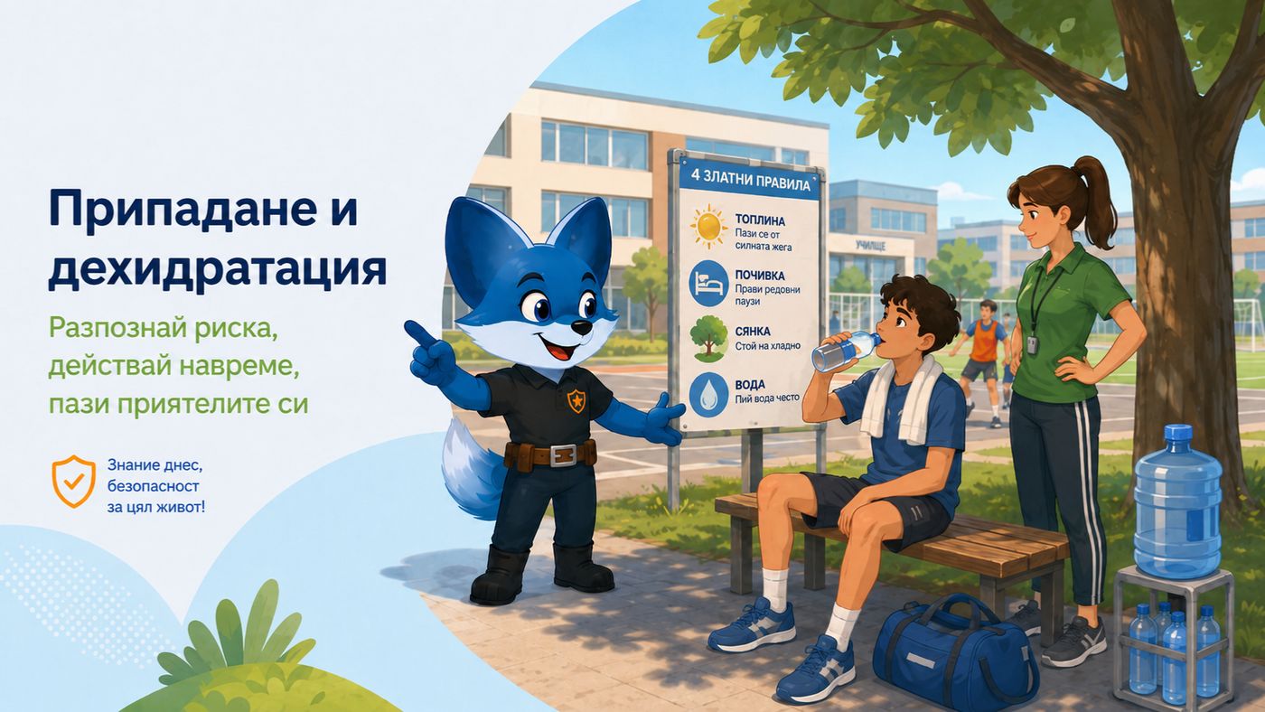 Илюстрация към темата „Припадане и дехидратация“ — Как да се разпознаят умора, жажда, замайване и нужда от сянка или вода.