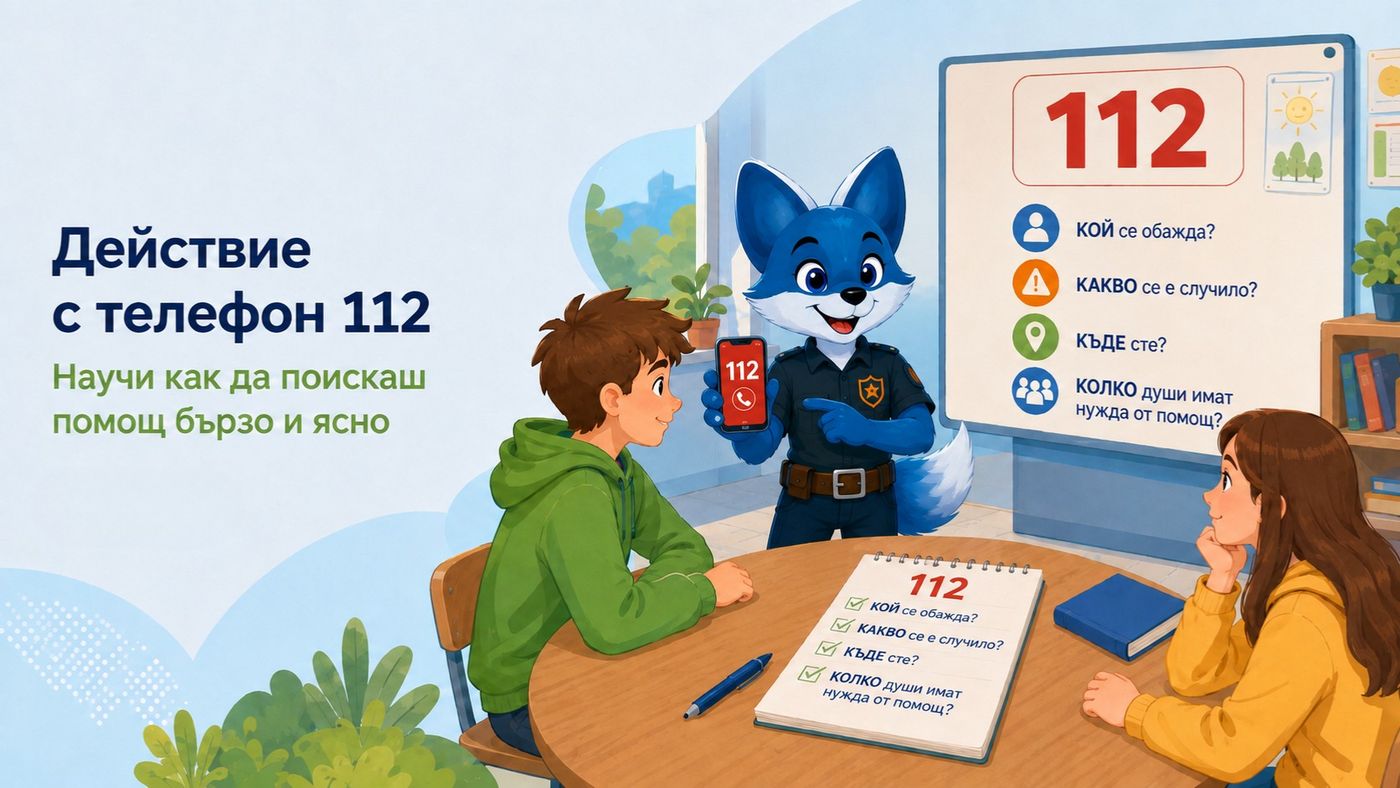 Илюстрация към темата „Действие с телефон 112“ — Кога и как се подава сигнал към 112 с ясна информация.