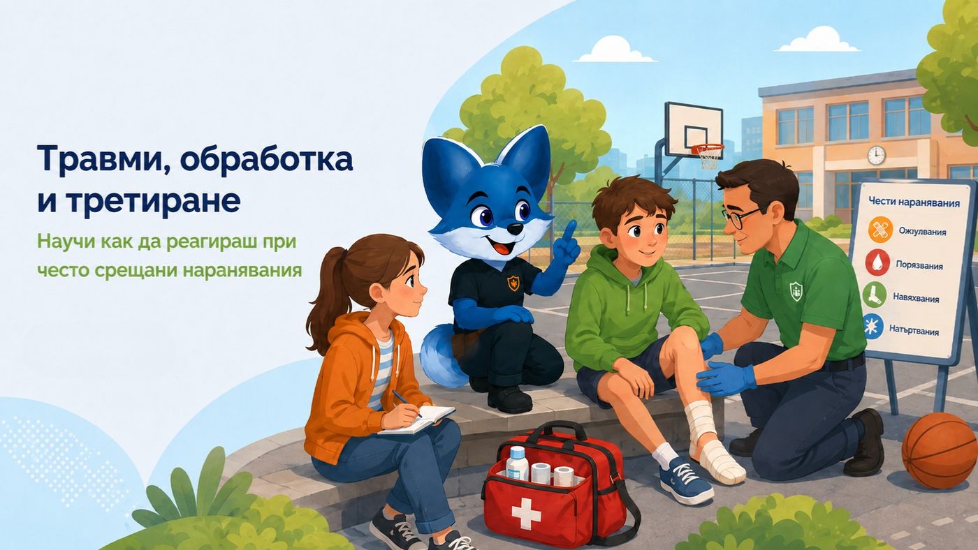 Илюстрация към темата „Травми, обработка и третиране“ — Основни правила за безопасност при навяхване, удар или нараняване, представени спокойно.