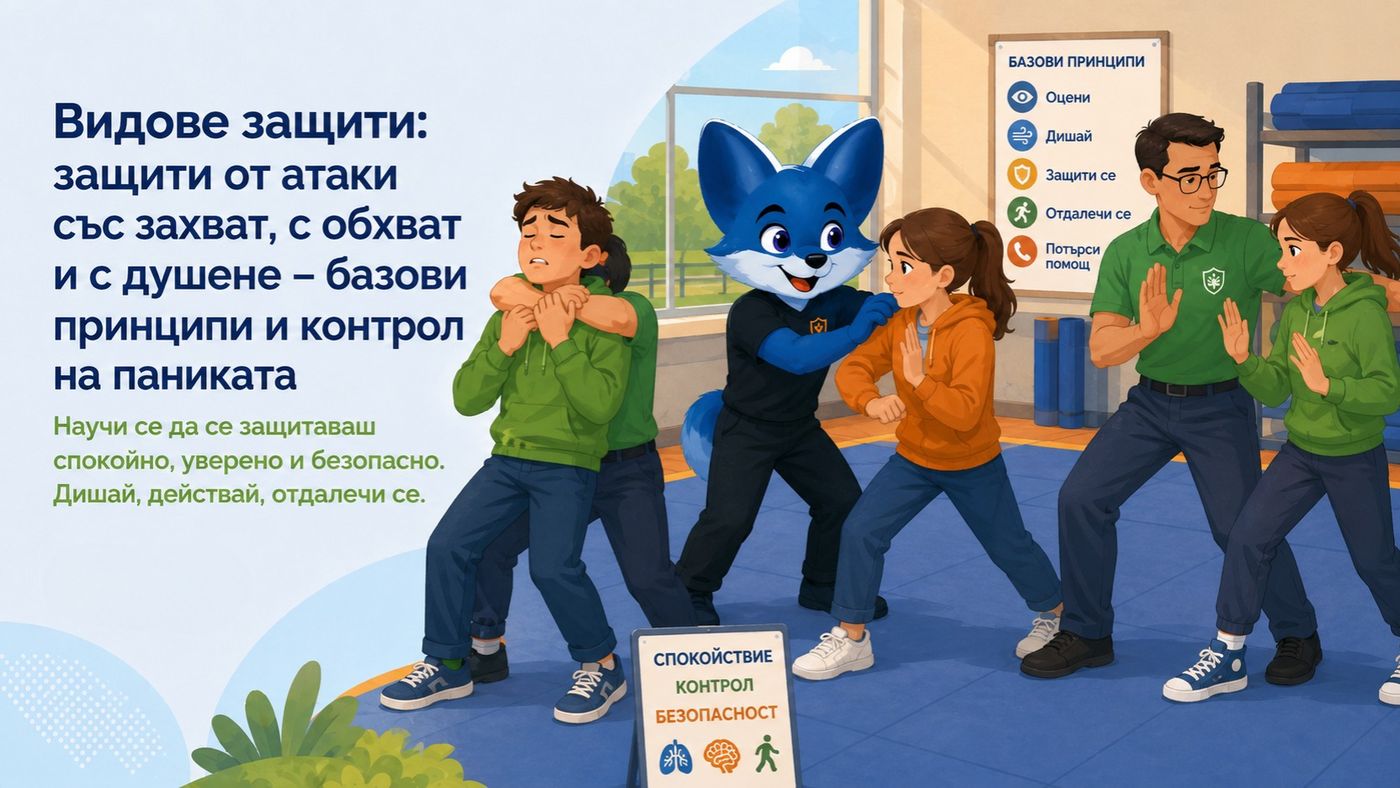 Илюстрация към темата „Видове защити“ — Основни принципи: глас, дистанция, позиция, отдръпване и помощ.