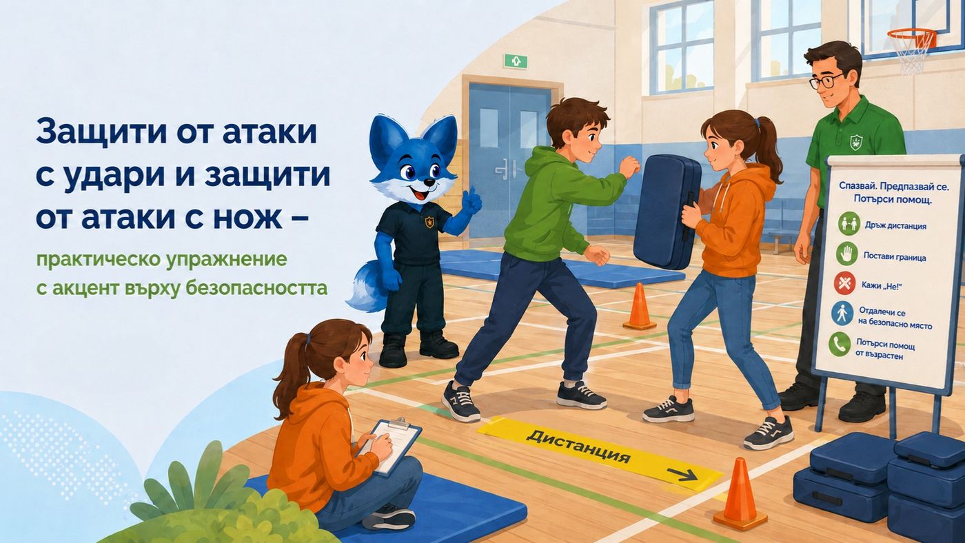 Илюстрация към темата „Защити от удари и нож“ — Символично и безопасно разглеждане на реакции при висок риск.